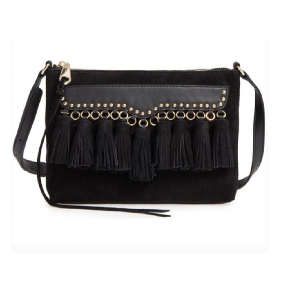 Rebecca Minkoff, black multi tassel Crossbody bag with fringe and gold accents.